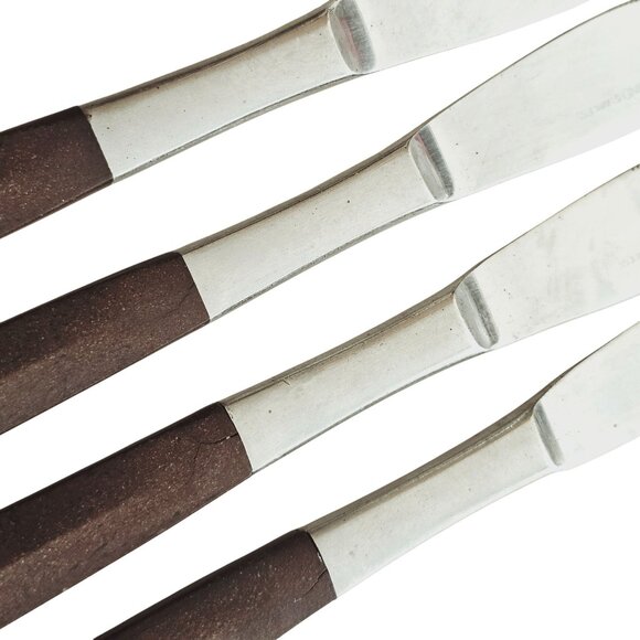 4 Woodwind Dinner Knife 8" wood-like handle vtg midcentury boho minimalist mixed - Picture 5 of 9